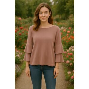 NEW Umgee Tiered Bell Sleeve Sweater Womens Size Medium Dusty Pink Feminine